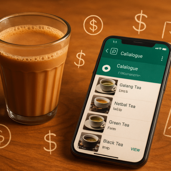 WhatsApp shop passive income setup ,A cozy chai cup next to a smartphone screen showing a WhatsApp Business catalogue with money icons and checklist doodles