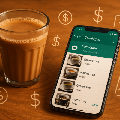 WhatsApp shop passive income setup ,A cozy chai cup next to a smartphone screen showing a WhatsApp Business catalogue with money icons and checklist doodles